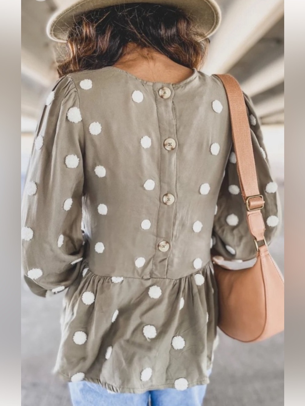 Altar'd State Babydoll Ruffled Taupe Peplum Long Sleeve Top with White Pom Dots